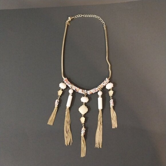 CHICO'S Seed Bead Gold Fringe Tassel Statement Necklace - Picture 3 of 5